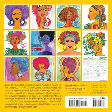 I Am Chosen: The Art of GBaby 2027 Wall Calendar (Rear) - Back cover of the September 2027 issue of Shades of Color calendar featuring a 3x4 grid of colorful illustrations by Sylvia 'Gabby' Cohen, with text describing the calendar and a barcode at the bottom.