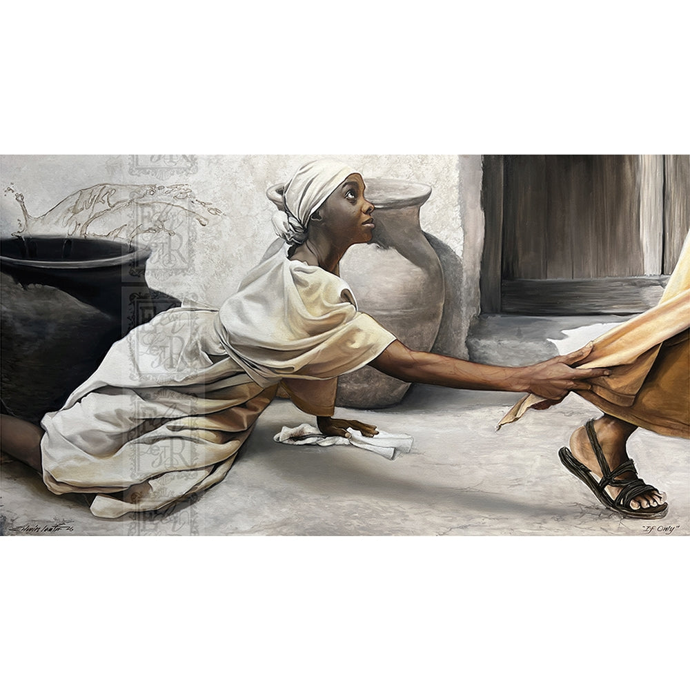 If Only: The Hem of His Garment by Edwin Lester (Main) - Artistic depiction of a woman in a white headscarf and dress reaching out to another person in a yellow garment.