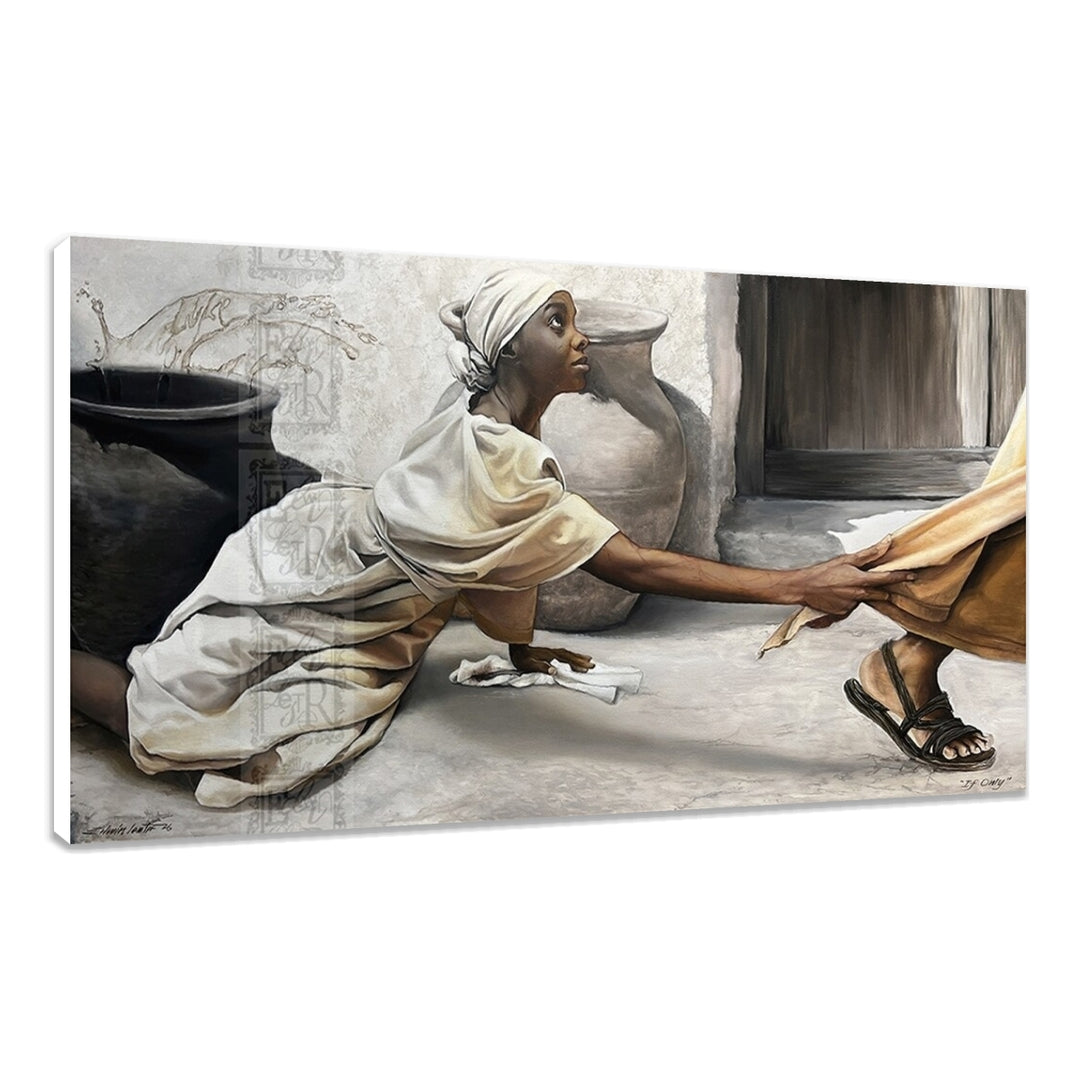 If Only: The Hem of His Garment by Edwin Lester (Stretched Canvas) - Artistic depiction of a woman in a white dress reaching out to another person, with a pot and basket in the background.