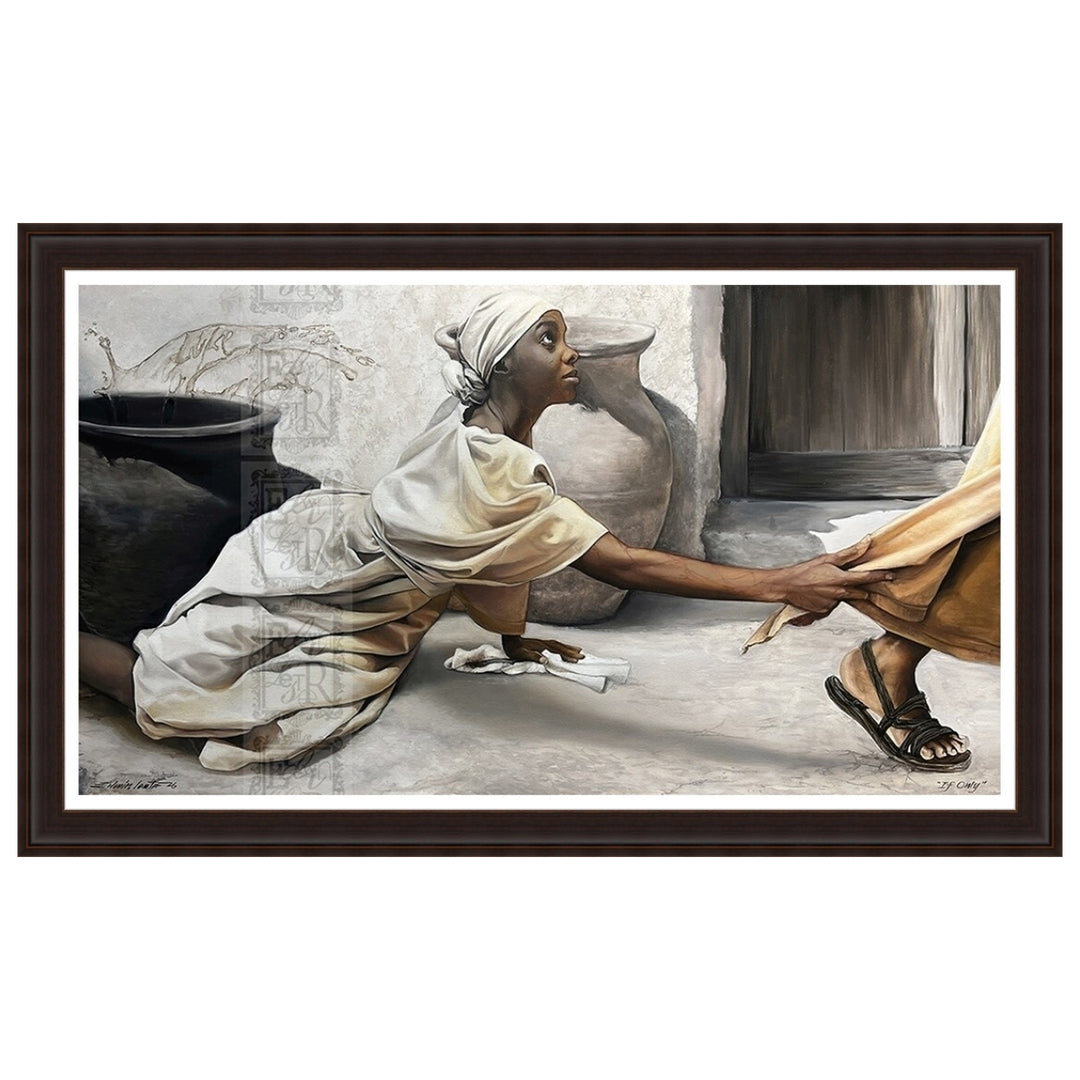 If Only: The Hem of His Garment by Edwin Lester (Stretched Canvas, Brown Frame) - Framed artwork of a woman reaching out to another person in a historical setting.