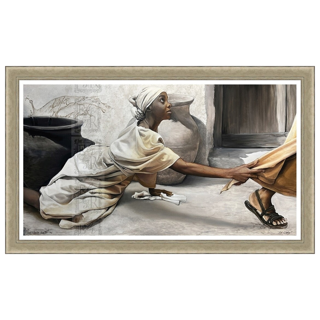 If Only: The Hem of His Garment by Edwin Lester (Silver Frame) - Framed artwork of a woman reaching out to another person in a historical setting.