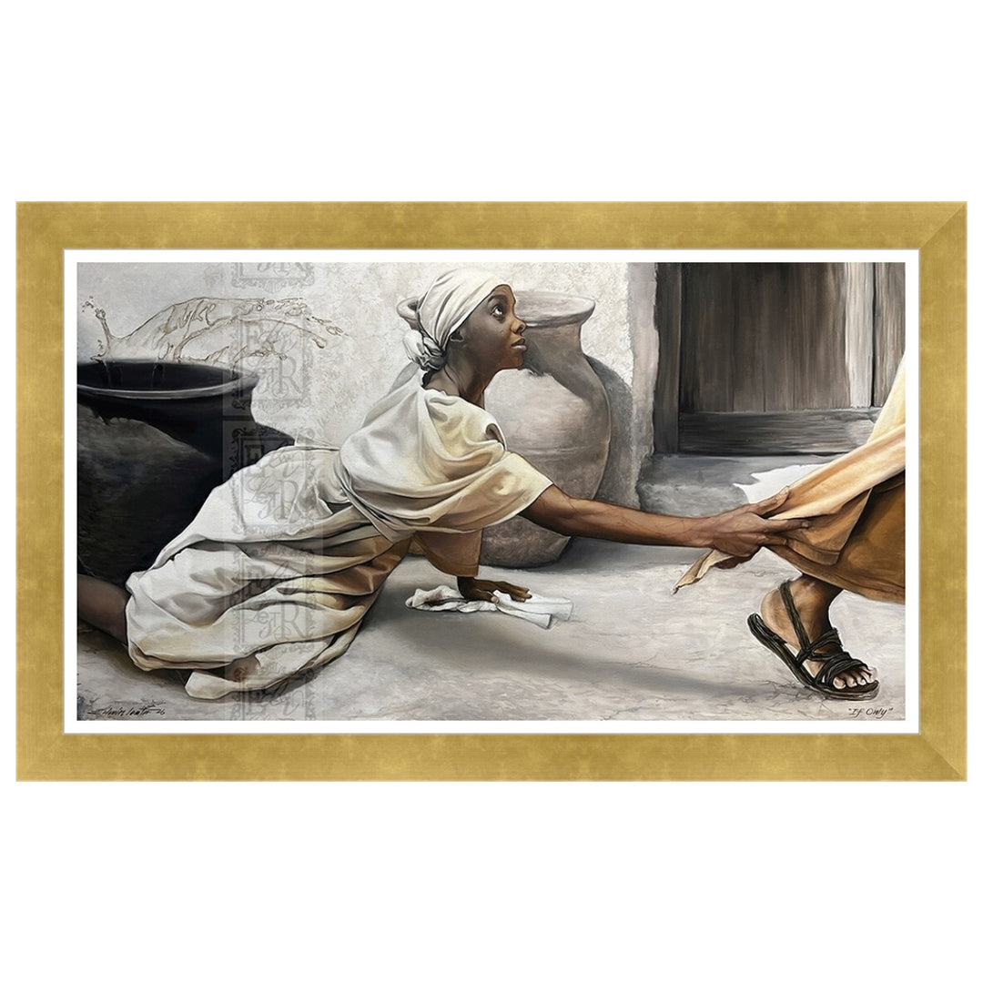 If Only: The Hem of His Garment by Edwin Lester (Gold Frame) - Artistic depiction of a woman reaching out to another person, framed with a gold border.