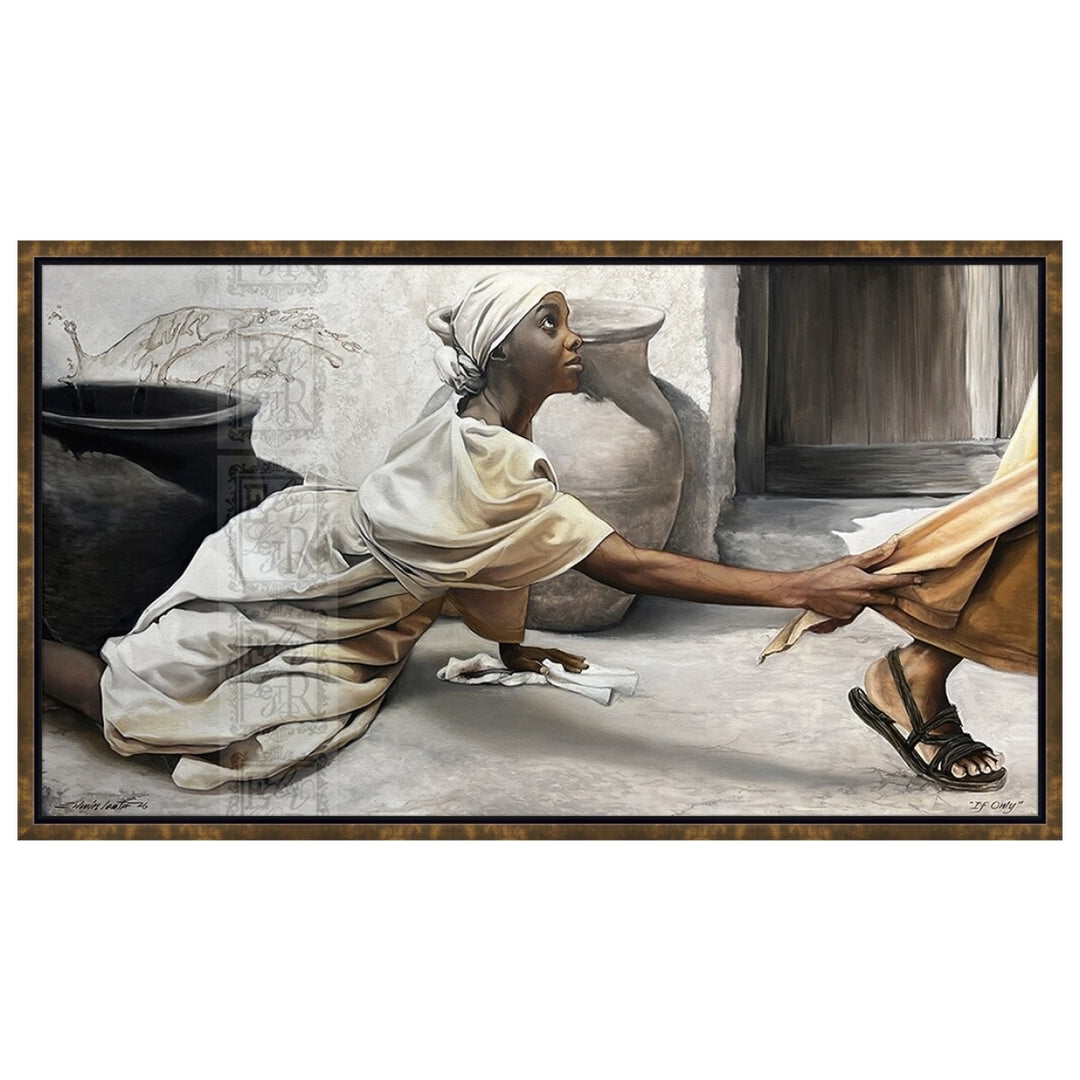 If Only: The Hem of His Garment by Edwin Lester (Stretched Canvas, Bronze Floater Frame) - Artistic depiction of a woman in a white dress reaching out to another person in a brown garment, with a neutral background.