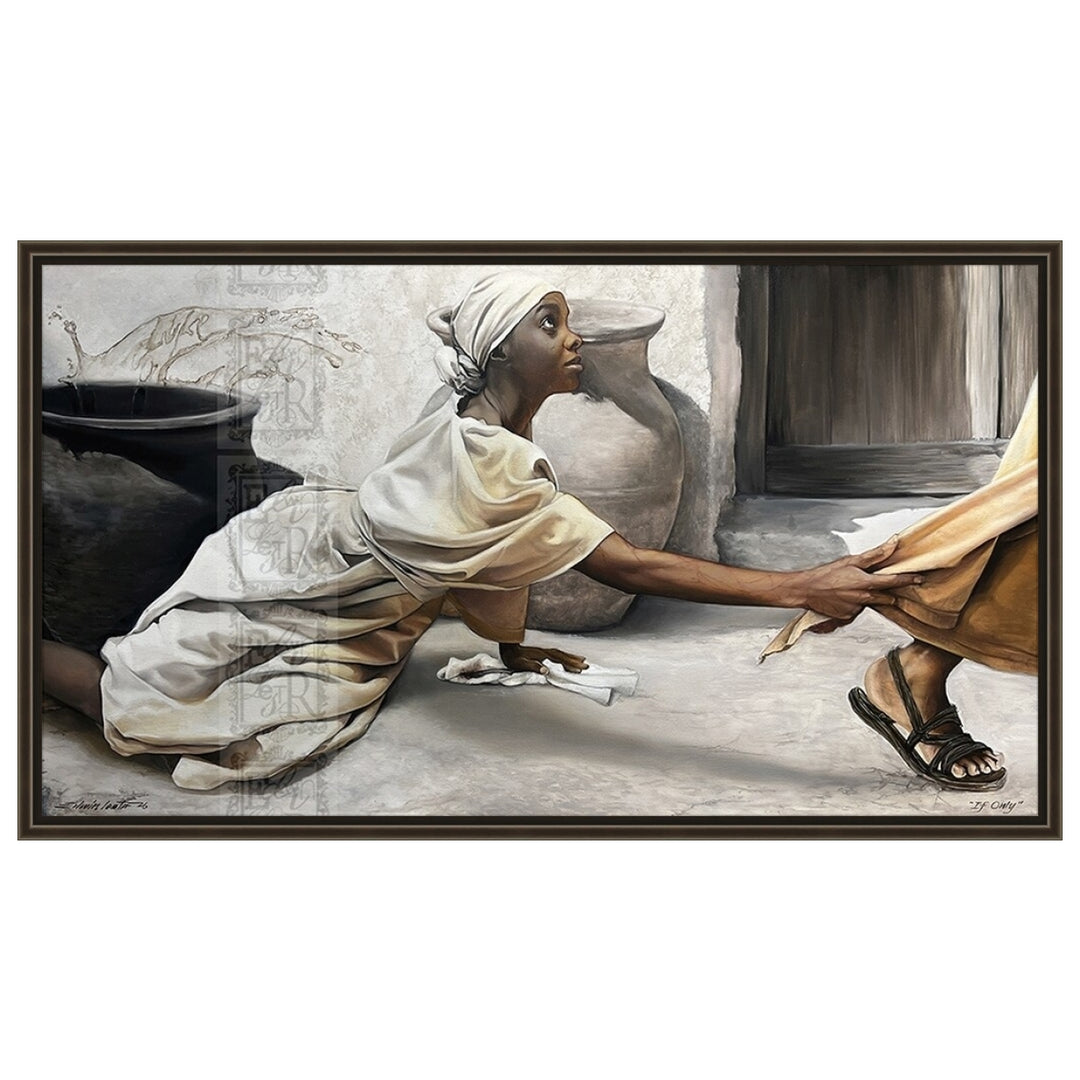 If Only: The Hem of His Garment by Edwin Lester (Stretched Canvas, Brown Floater Frame) - Artistic depiction of a woman in a white dress reaching out to another person, with a neutral background.