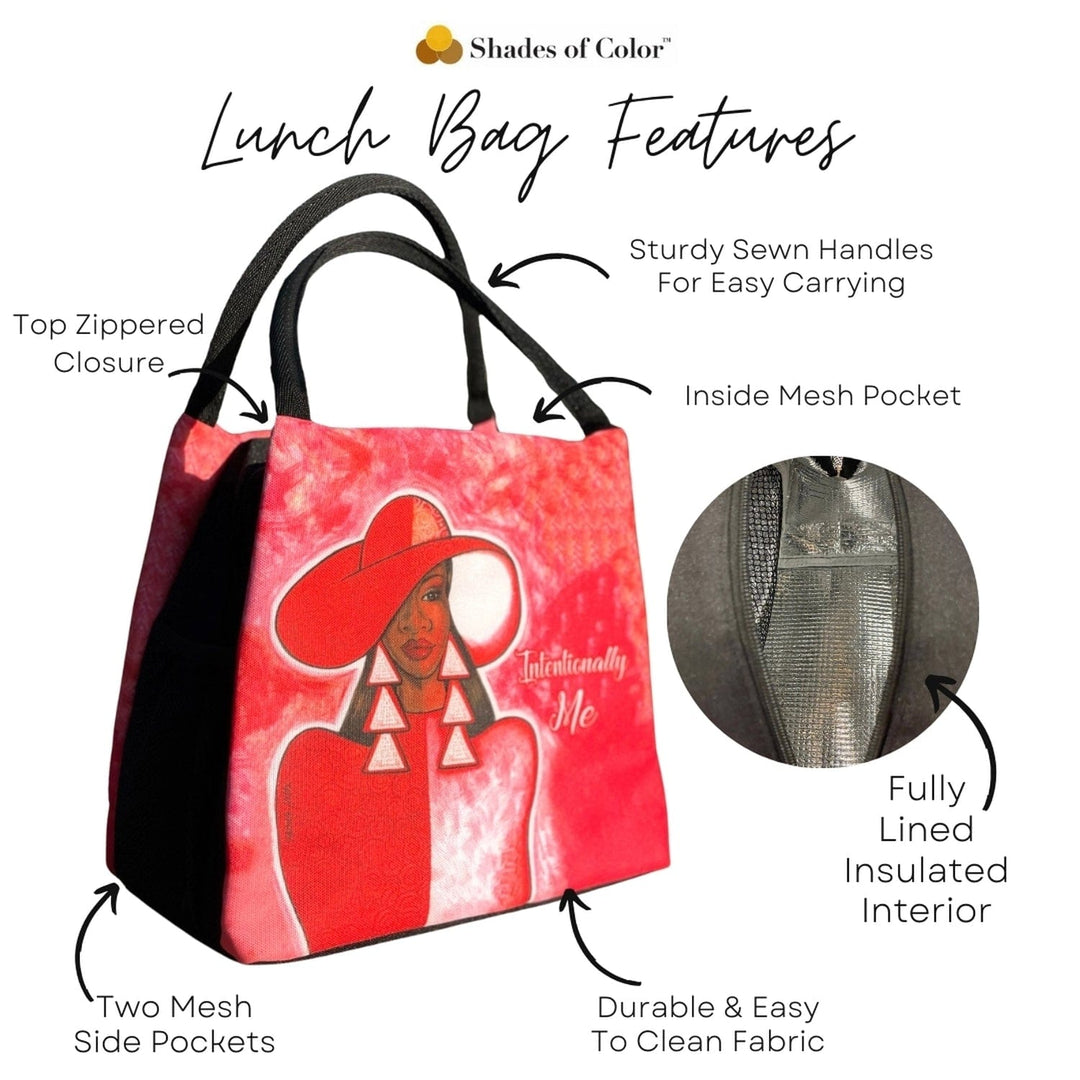 Pamela Hills' Intentionally Me Crimson lunch bag with woman in red hat design (Infographic 2)