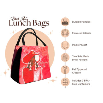 Pamela Hills' Intentionally Me Crimson lunch bag with woman in red hat design (Infographic)