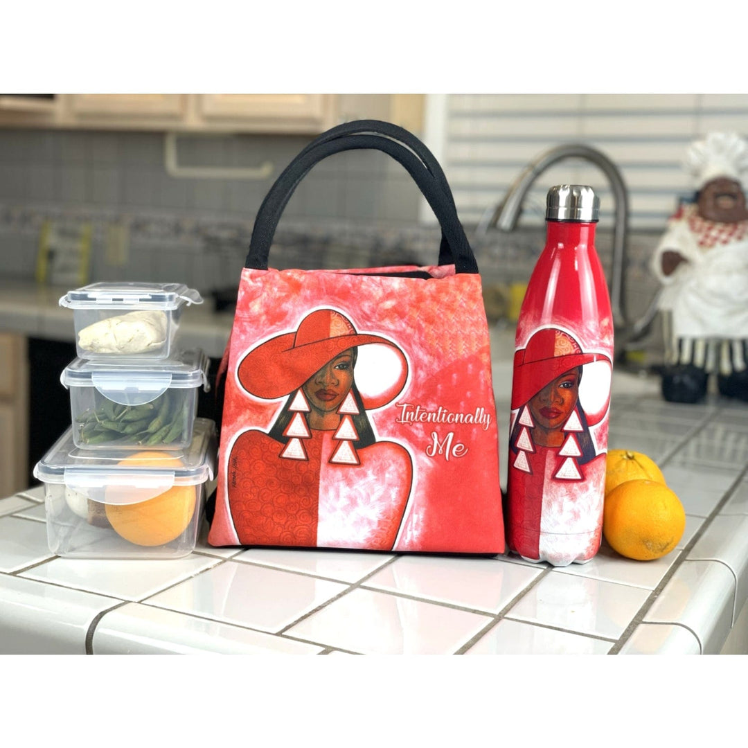 Pamela Hills' Intentionally Me Crimson lunch bag with woman in red hat design (Lifestyle)