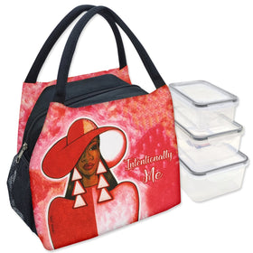 Pamela Hills' Intentionally Me Crimson lunch bag with woman in red hat design (Main Image)