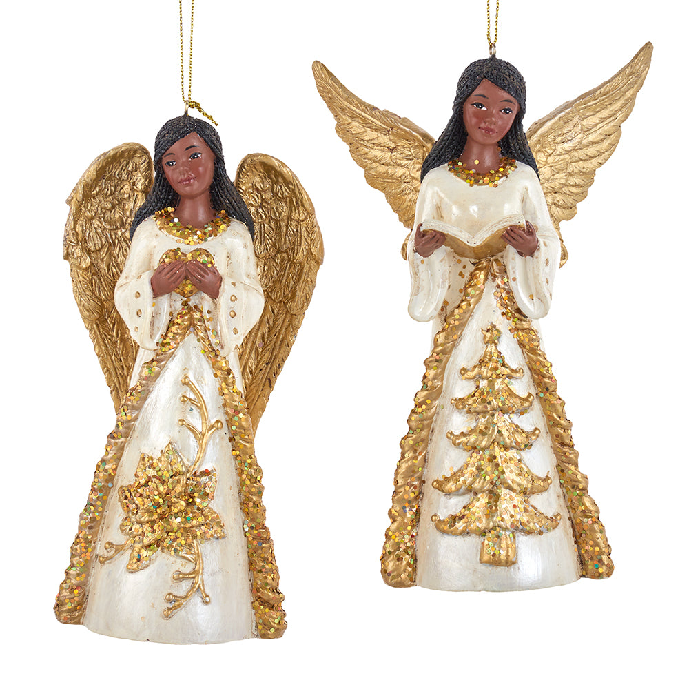 Glittered Golden Angels: African American Christmas Ornament Set