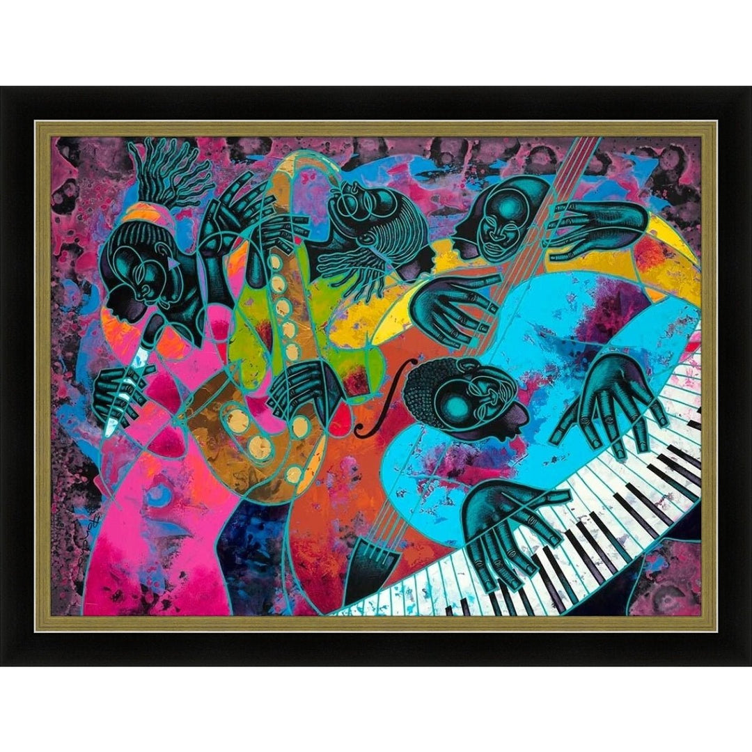 Jazz On Ogontz Ave by Larry "Poncho" Brown (Black and Gold Frame) - Colorful abstract artwork of musicians playing instruments with a black frame.