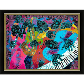 Jazz On Ogontz Ave by Larry "Poncho" Brown (Black and Gold Frame) - Colorful abstract artwork of musicians playing instruments with a black frame.