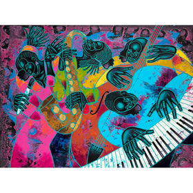Jazz On Ogontz Ave by Larry "Poncho" Brown (Unframed) - Colorful abstract artwork of hands playing musical instruments on a heart-shaped background.