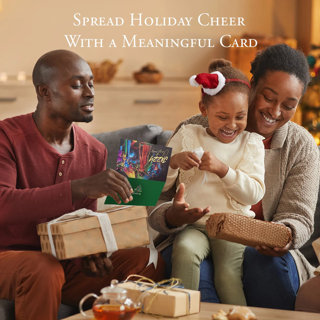 Jazzy Christmas by Carl M. Crawford: African American Christmas Card Box Set (Lifestyle 2) Family gathered around a table with gifts and a card, celebrating the holiday season.