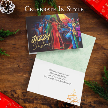 Jazzy Christmas by Carl M. Crawford: African American Christmas Card Box Set (Interior) Jazzy Christmas card with colorful illustration of musicians on a wooden surface with festive decorations.