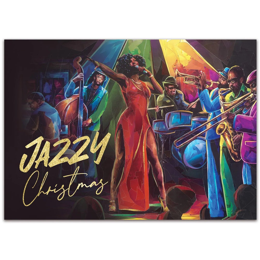 Jazzy Christmas by Carl M. Crawford: African American Christmas Card Box Set (Main) - Colorful illustration of a jazz Christmas scene with a woman in a red dress and musicians.