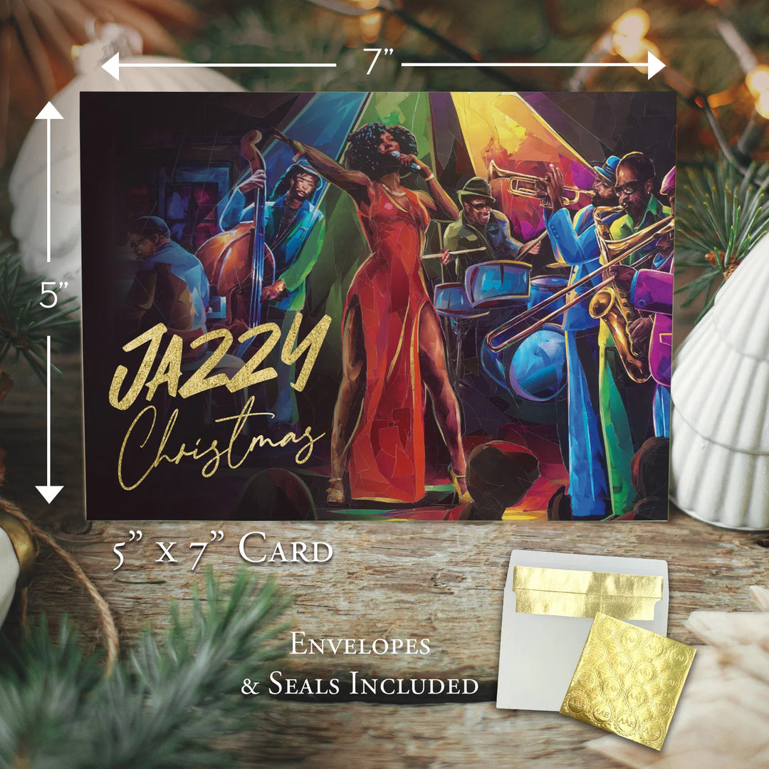 Jazzy Christmas by Carl M. Crawford: African American Christmas Card Box Set (Sizing Guide) Greeting card with festive design of a woman in a red dress and musicians, labeled 'Jazzy Christmas'. Includes envelopes and seals.