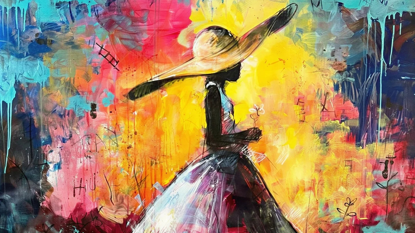 Jerry Lynn Art Gallery - Colorful abstract painting of a woman in a hat and dress.