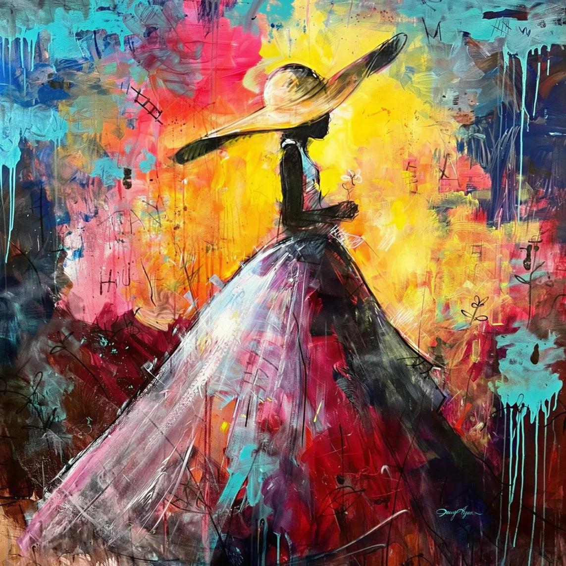 Jerry Lynn Art Gallery - Abstract painting of a woman in a dress and hat with vibrant colors