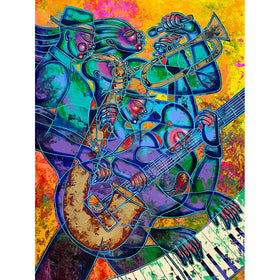 Kaleidoscope by Larry "Poncho" Brown - Colorful abstract artwork of musicians playing instruments on a vibrant background