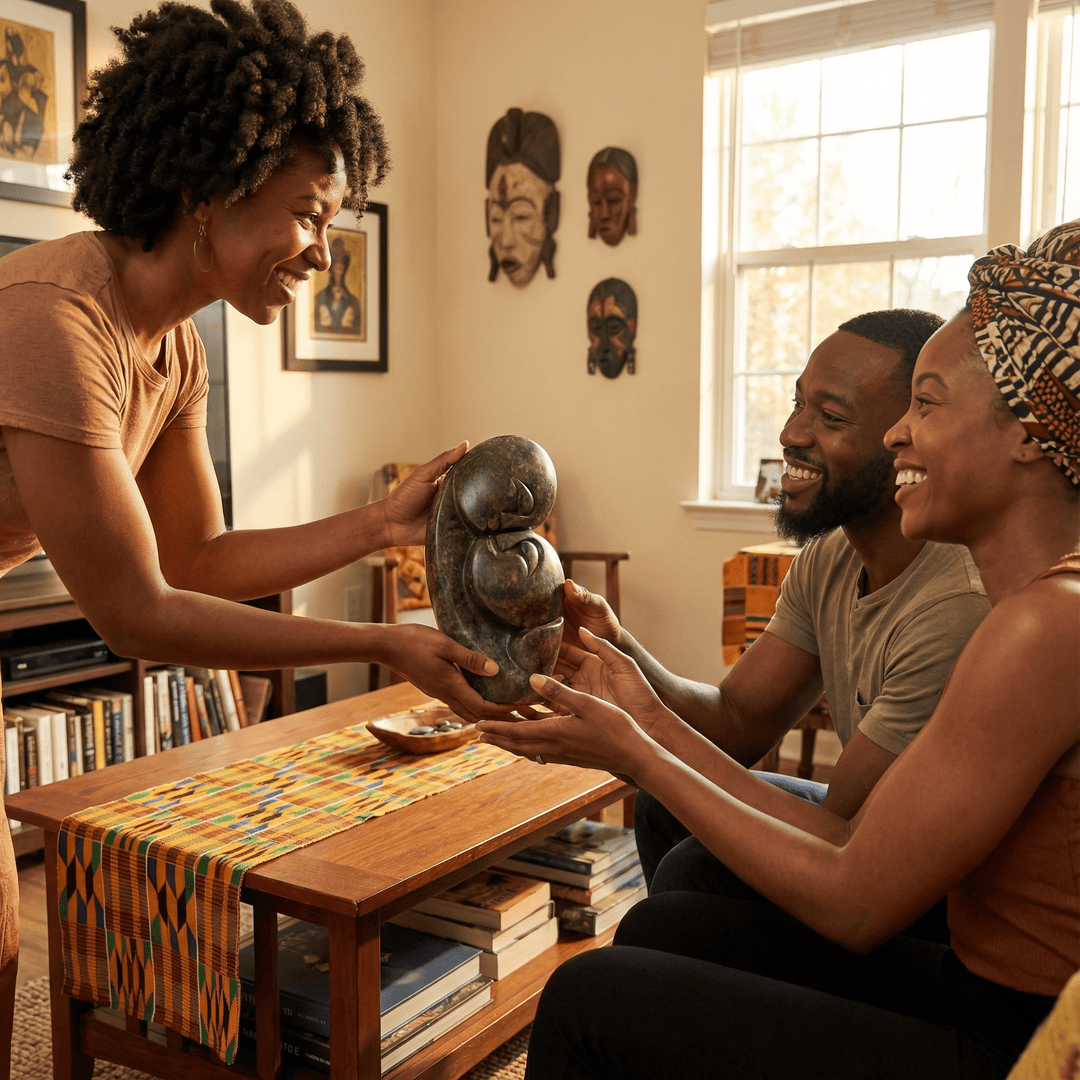 Kissing Lovers: Shona Stone Sculpture by Cuthbert Tendayi (Lifestyle Photo 2) - Three people in a living room with a decorative item, smiling and interacting.