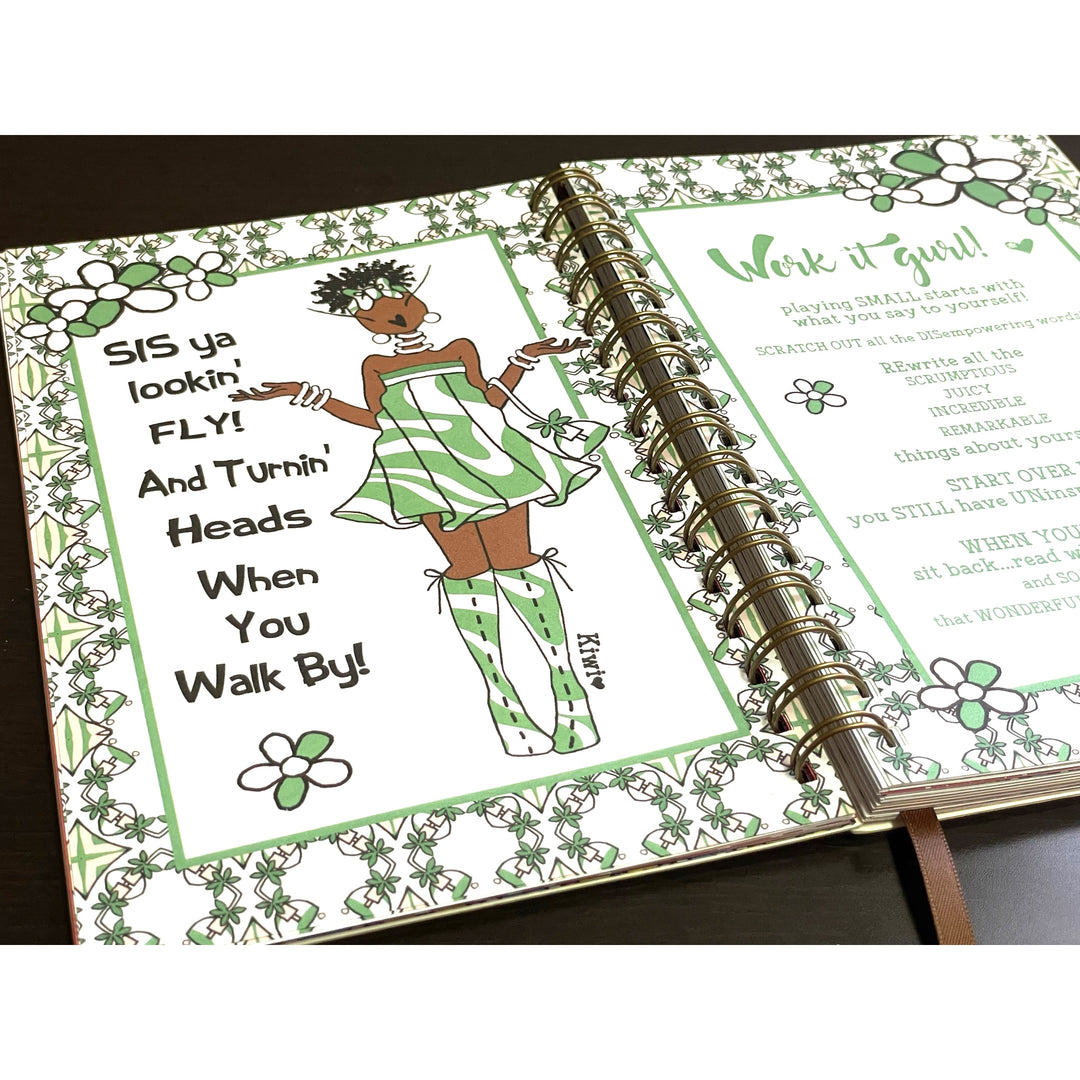 Blessed Sista Energy by Kiwi McDowell: 2026 Weekly Inspirational Planner (Motivational Art) - Open notebook with a green and white design featuring a character and text.