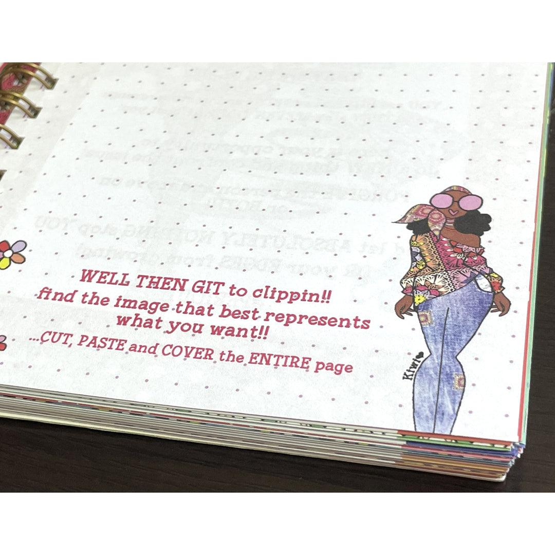 Blessed Sista Energy by Kiwi McDowell: 2026 Weekly Inspirational Planner (Scrapbook Page) - Page from a book with a colorful illustration of a person and text instructions on a white background.