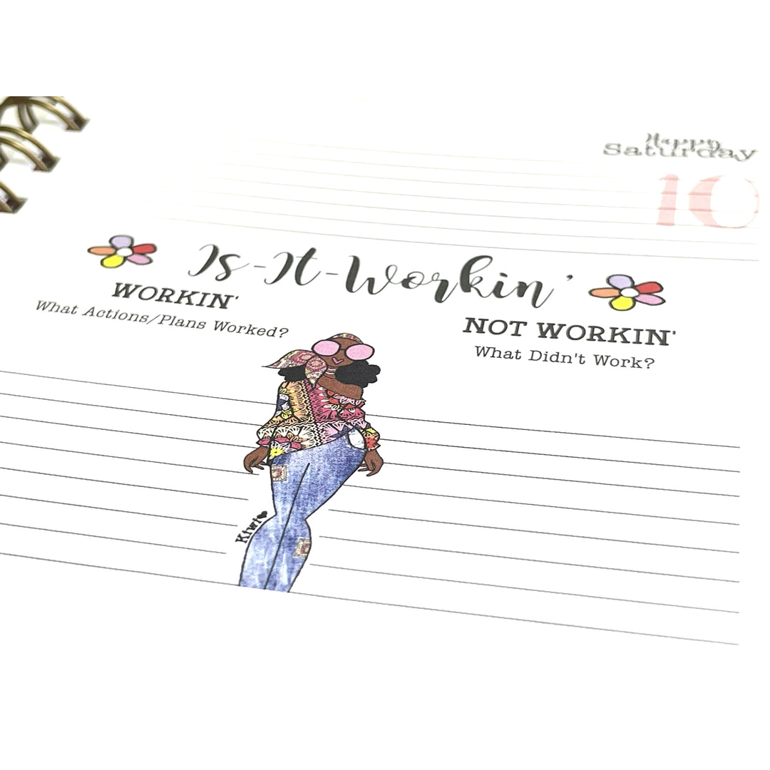 It's Extra Season by Kiwi McDowell: 2026 Weekly Inspirational Planner (Accomplishments Page) - Notebook page with illustration of a person and text on success and failure