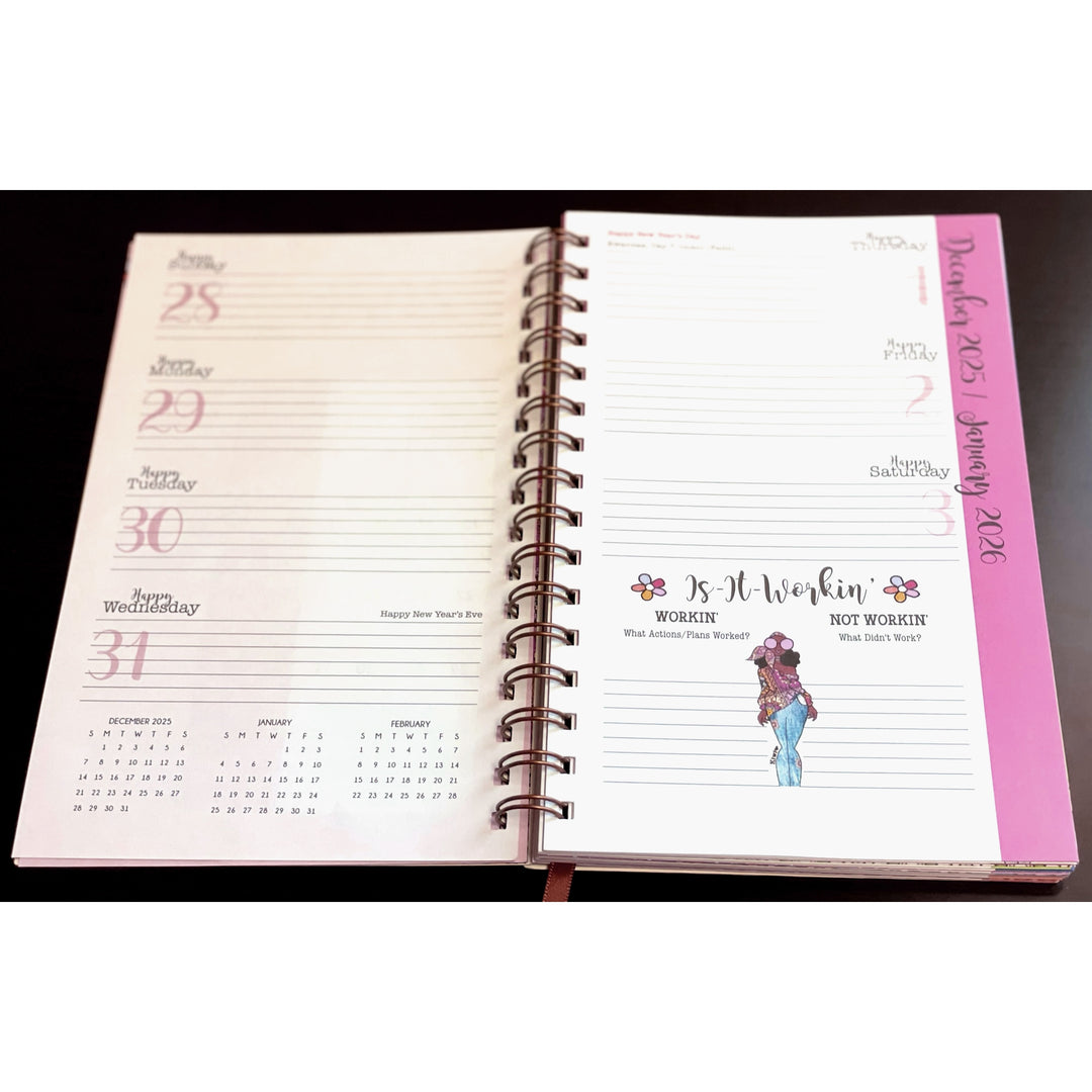 Blessed Sista Energy by Kiwi McDowell: 2026 Weekly Inspirational Planner (Daily View) - Open spiral-bound planner with calendar and note sections, featuring a logo on the cover.