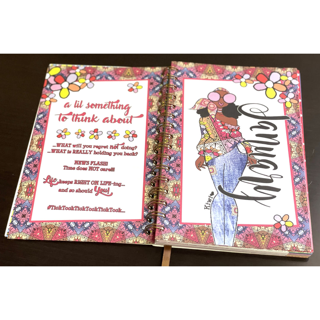 Blessed Sista Energy by Kiwi McDowell: 2026 Weekly Inspirational Planner (Motivational Art 2) - Open notebook with decorative pages featuring text and illustrations on a white background