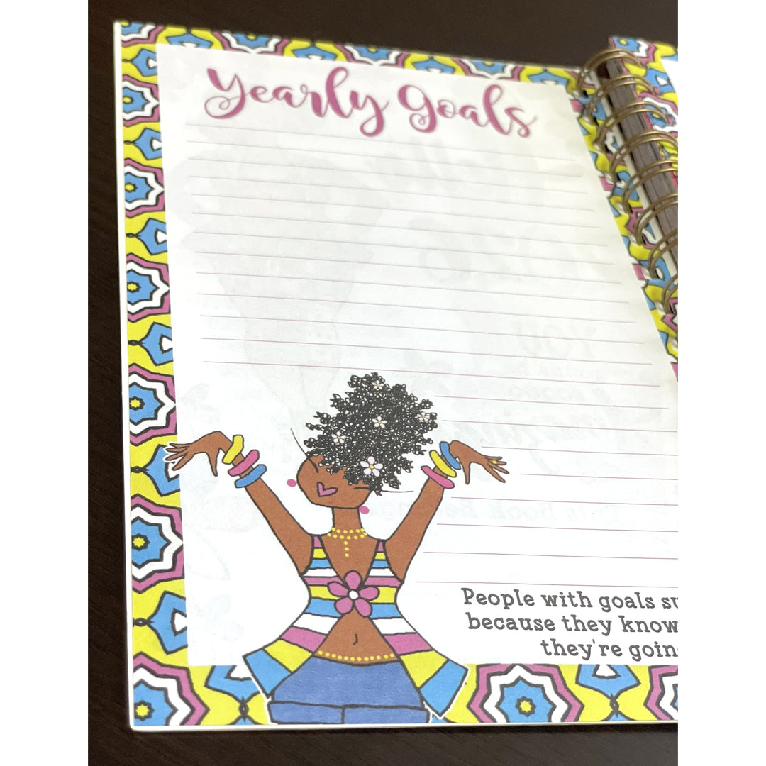 Blessed Sista Energy by Kiwi McDowell: 2026 Weekly Inspirational Planner (Goals Page) - Notepad with colorful design and text about yearly goals on a white background