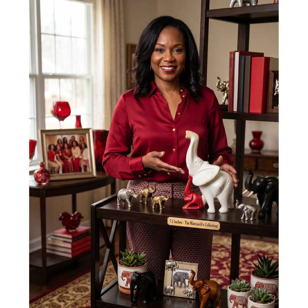 Leading the Way: Legacy and Leadership Elephant Soapstone Sculpture (Lifestyle 2) - Woman in a red shirt standing in a room with decorative elephant figurines and books.  (Delta Sigma Theta Gift)
