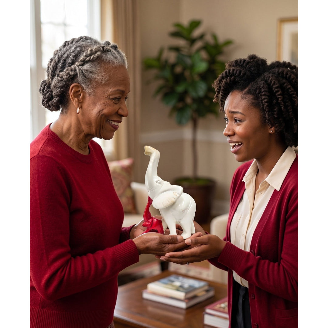 Leading the Way: Legacy and Leadership Elephant Soapstone Sculpture (Lifestyle) - Two women holding a white elephant figurine indoors.  (Delta Sigma Theta Gift)