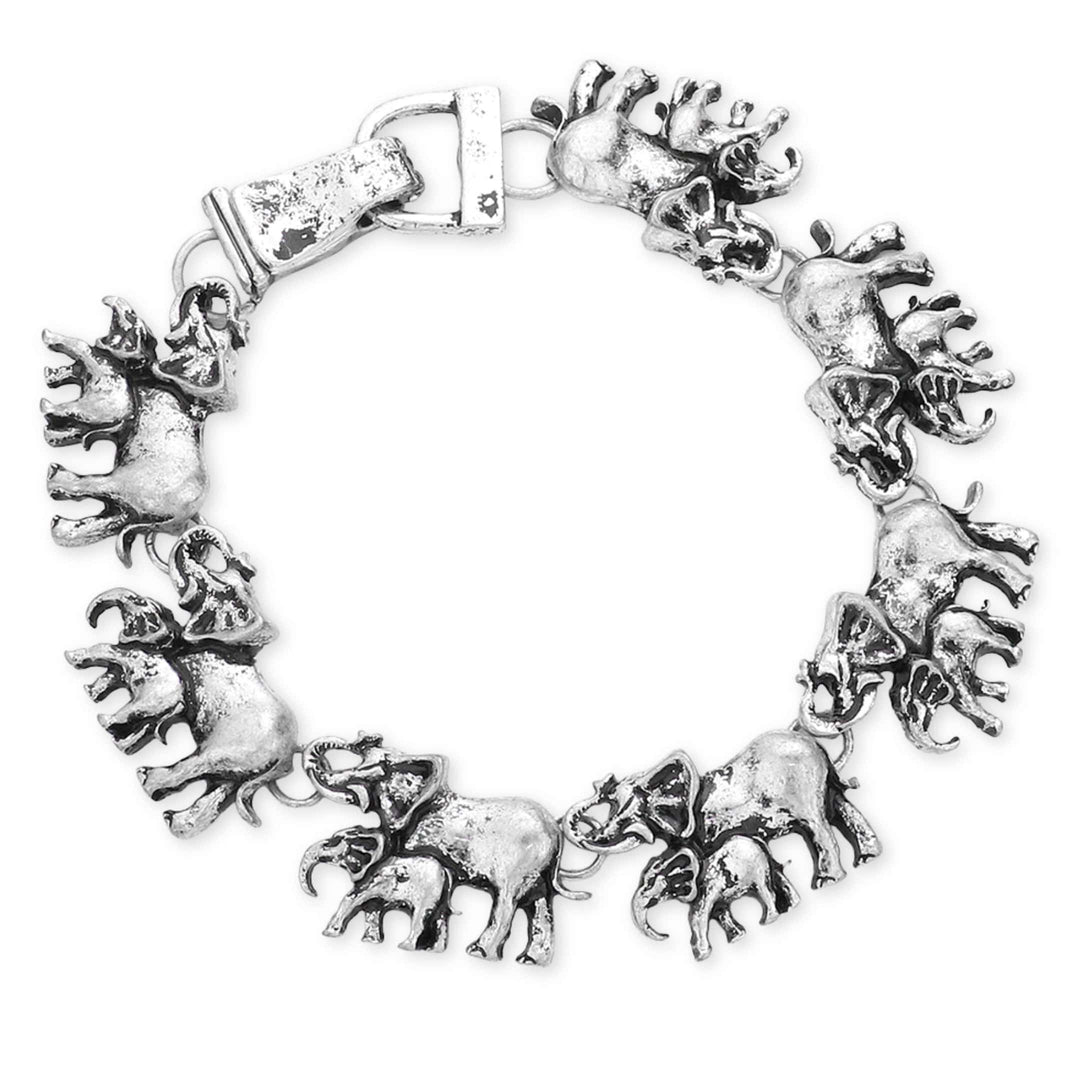Legacy: Connected Strength Burnished Silver Tone Elephant Bracelet - Silver elephant bracelet on a white background