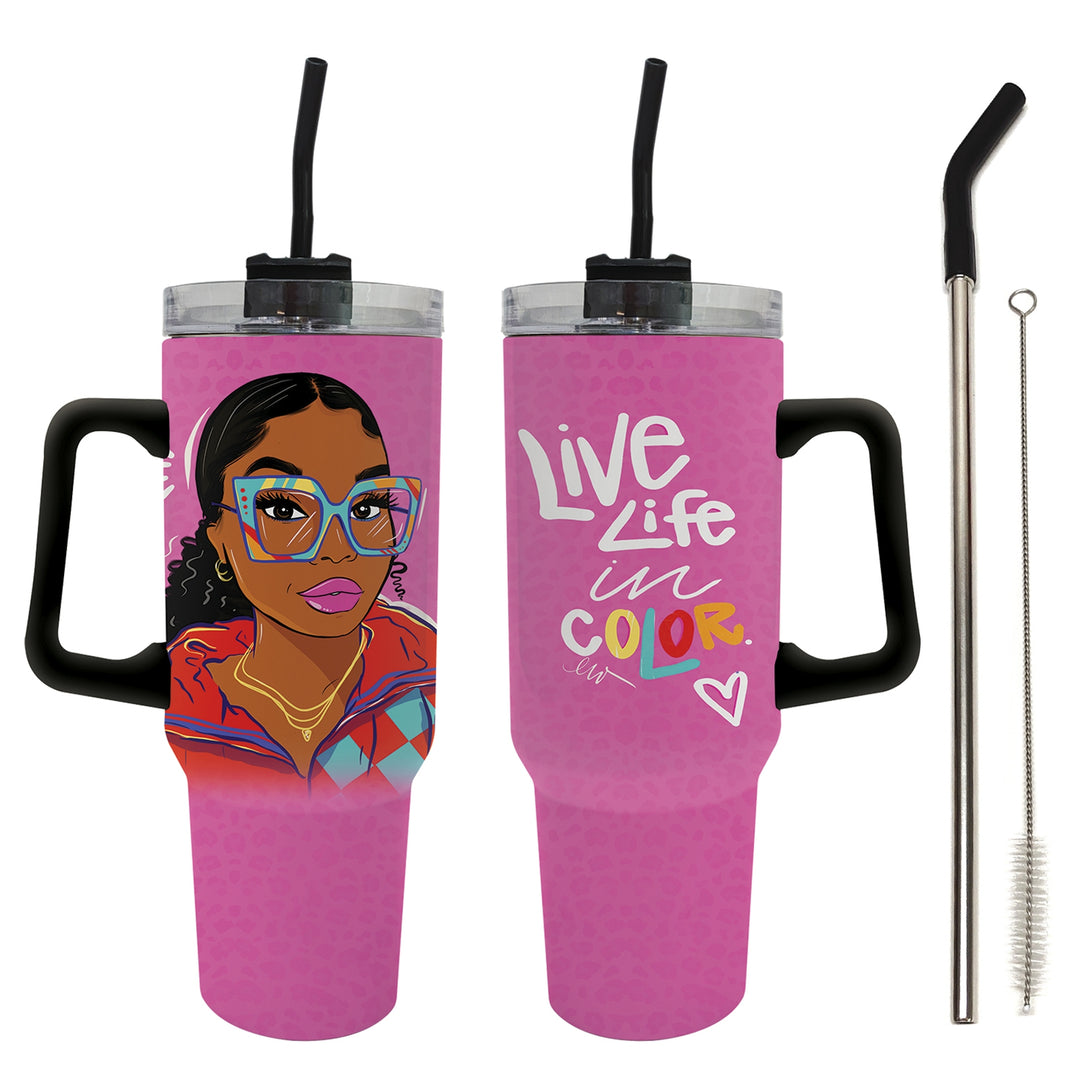 Live Life in Color by Madeleine Wood: African American Tumbler with Handle (Main) - Pink tumbler with a colorful design and text, including a face on a white background.