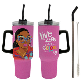 Live Life in Color by Madeleine Wood: African American Tumbler with Handle (Main) - Pink tumbler with a colorful design and text, including a face on a white background.