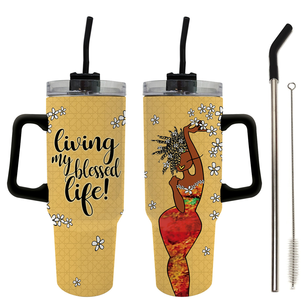 Living My Blessed Life by Kiwi McDowell: African American Tumbler with Long Handle (Main) - Two tumblers with handles, one featuring 'Living my blessed life!' text and a woman illustration, on a white background.