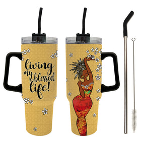 Living My Blessed Life by Kiwi McDowell: African American Tumbler with Long Handle (Main) - Two tumblers with handles, one featuring 'Living my blessed life!' text and a woman illustration, on a white background.
