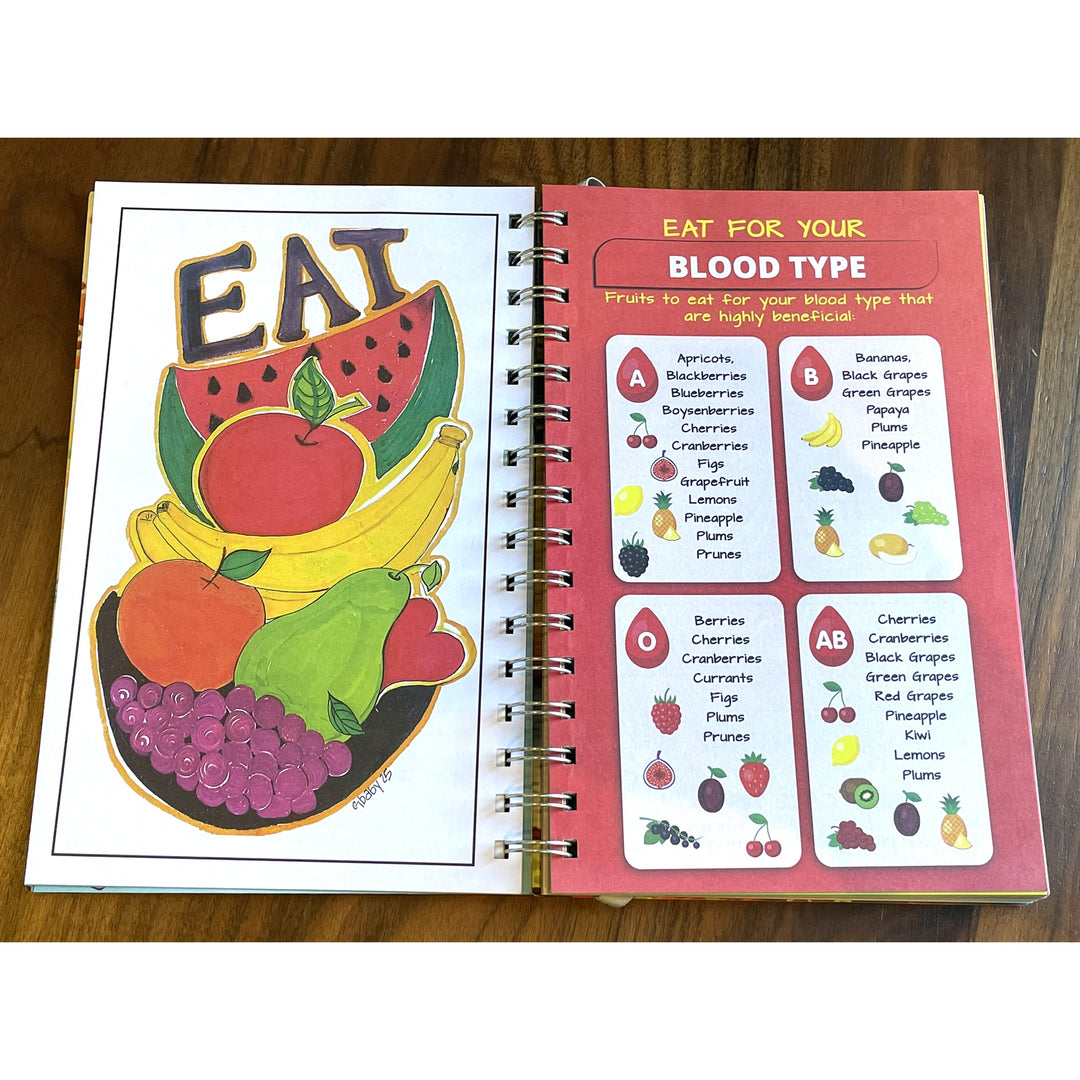 Love Yourself 2027 Weekly Inspirational Planner by Sylvia "Gbaby" Cohen (Eat Right Pages) - An open spiral-bound booklet or poster on a wooden surface, showing illustrated fruit sections and text about blood type nutrition. The left page has large 'EAT' lettering with watermelon, apple, banana, and grapes illustrations.