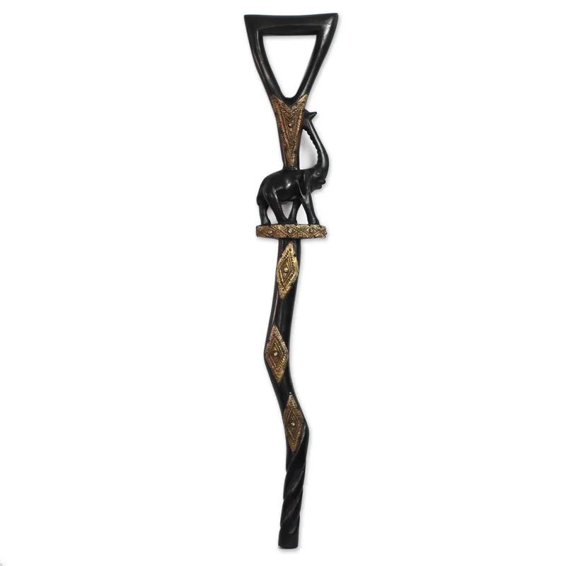 Loyalty and Community (Strolling Elephant): Decorative African Wooden Walking Stick (Front) - A decorative black walking stick with gold accents, featuring a carved horse figure and geometric diamond patterns on a plain white background.