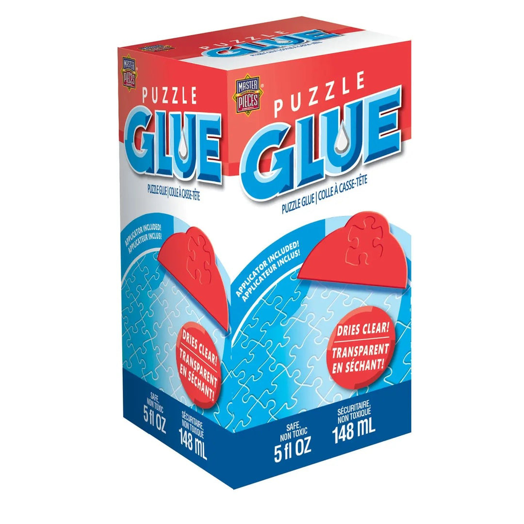 Premium Puzzle Glue with Applicator (Boxed) - Box of Puzzle Glue with red and blue design on a white background