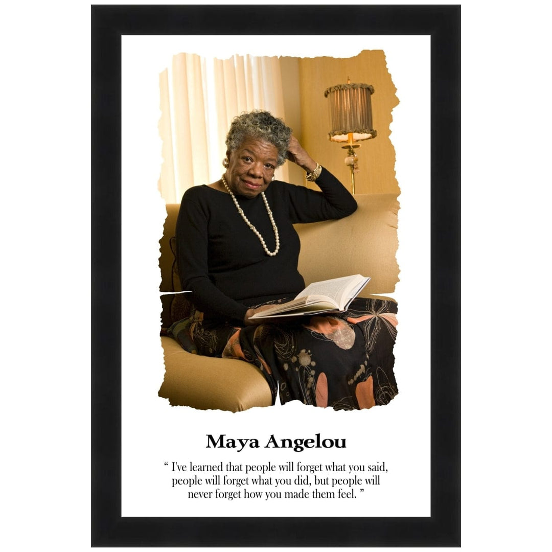 Maya Angelou poster reading book with pearl necklace and famous feelings quote (black frame)