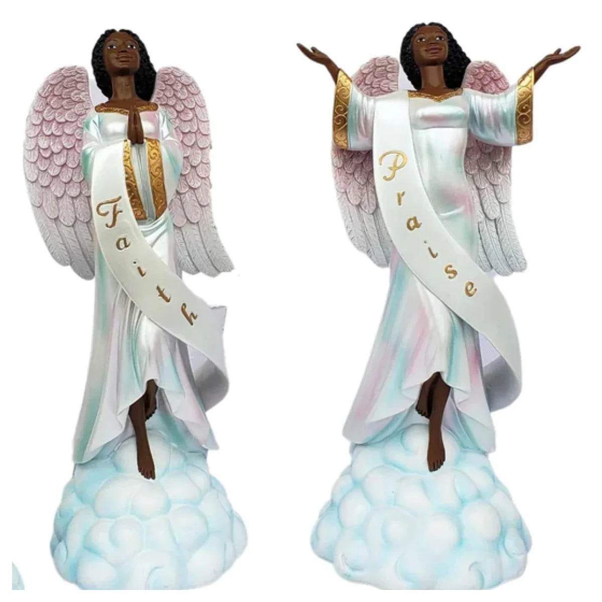 African American Angelic Figurine Collection - Two angel figurines with 'Faith' and 'Praise' sashes on a cloud background