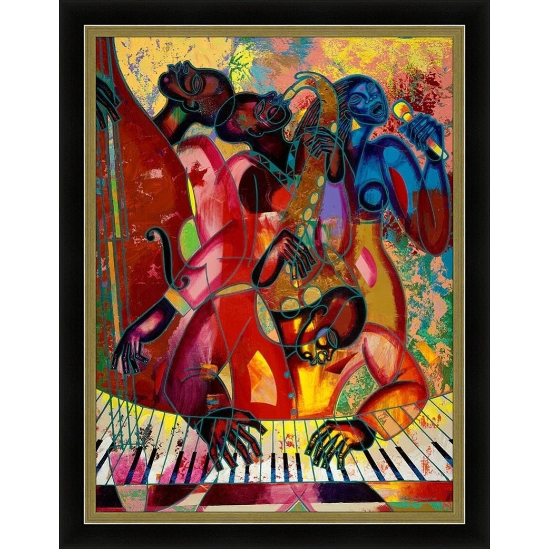 Music Fest by Larry "Poncho" Brown (Black and Gold Frame) - Colorful abstract painting of musicians playing instruments on a piano.