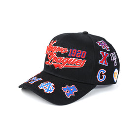 Negro League Commemorative Baseball Cap (Front, Black) - Black cap with multiple logos and text on a white background