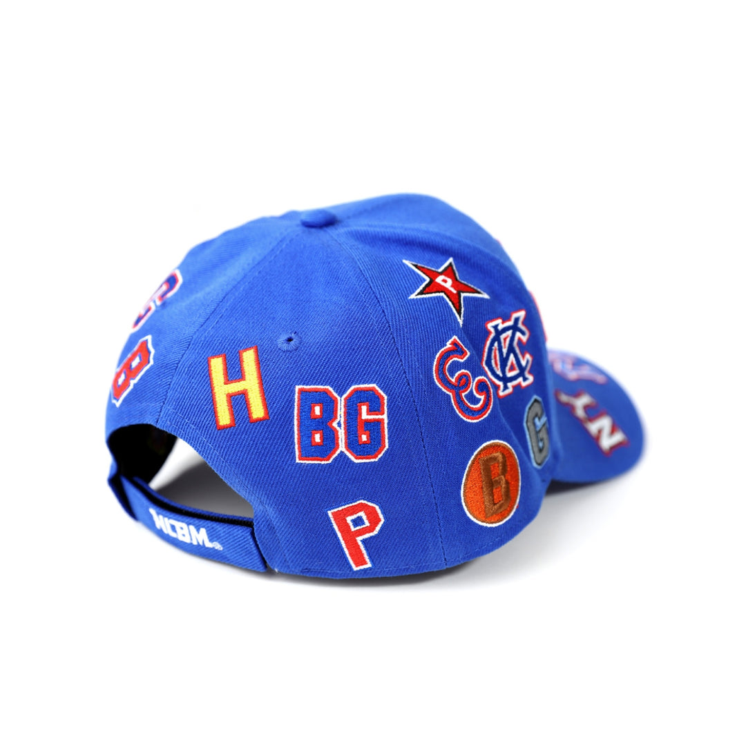 Negro League Commemorative Baseball Cap (Rear 2, Blue) - Blue baseball cap with colorful text and logos on a white background