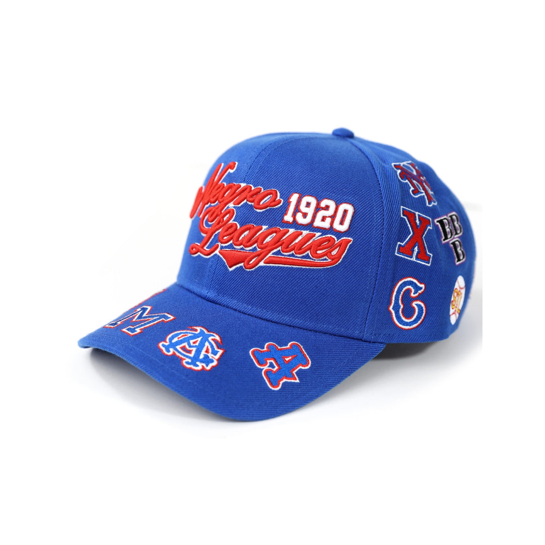 Negro League Commemorative Baseball Cap (Front, Royal Blue) - Blue cap with embroidered logos and text on a white background