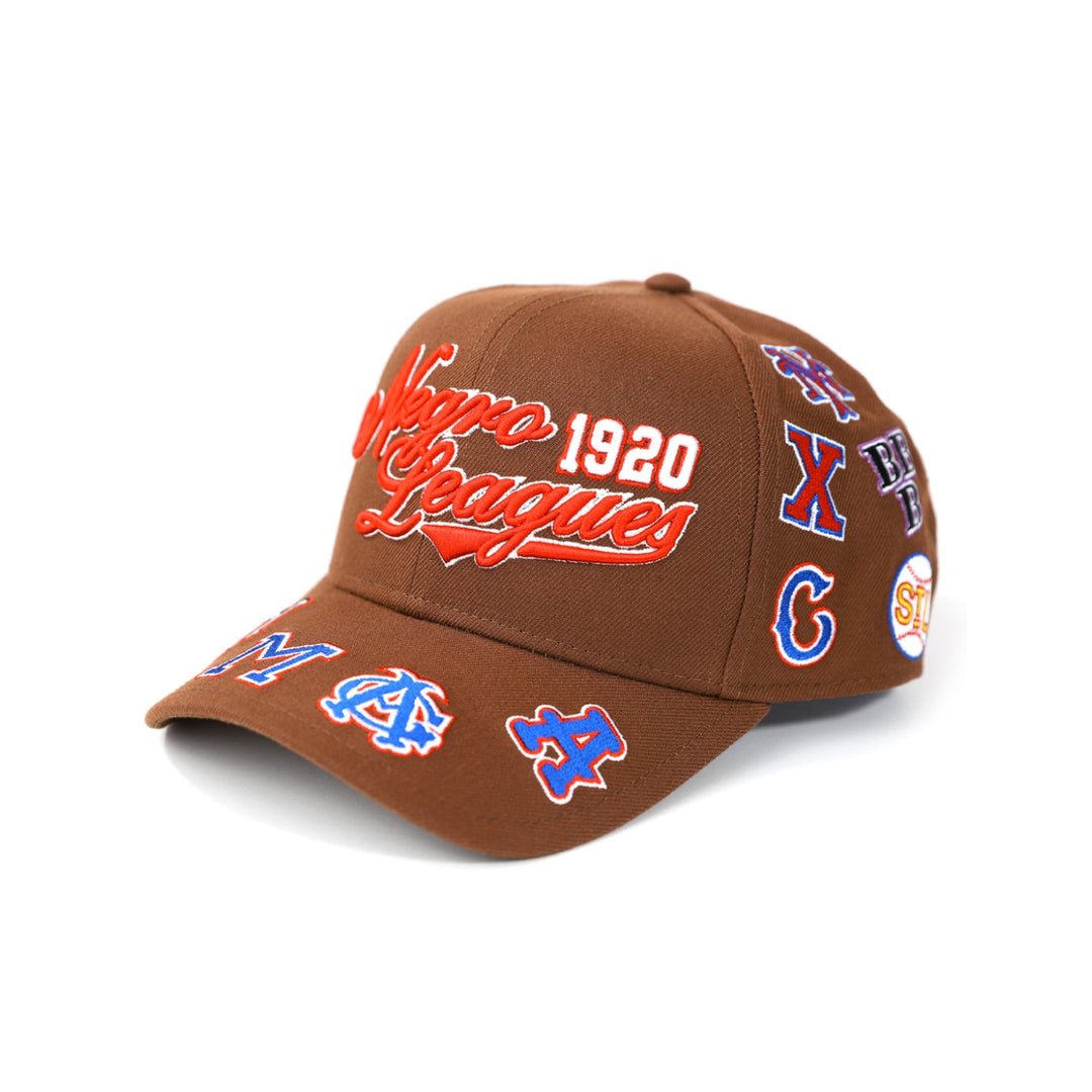 Negro League Commemorative Baseball Cap (Front, Brown) - Brown cap with embroidered logos and text on a white background