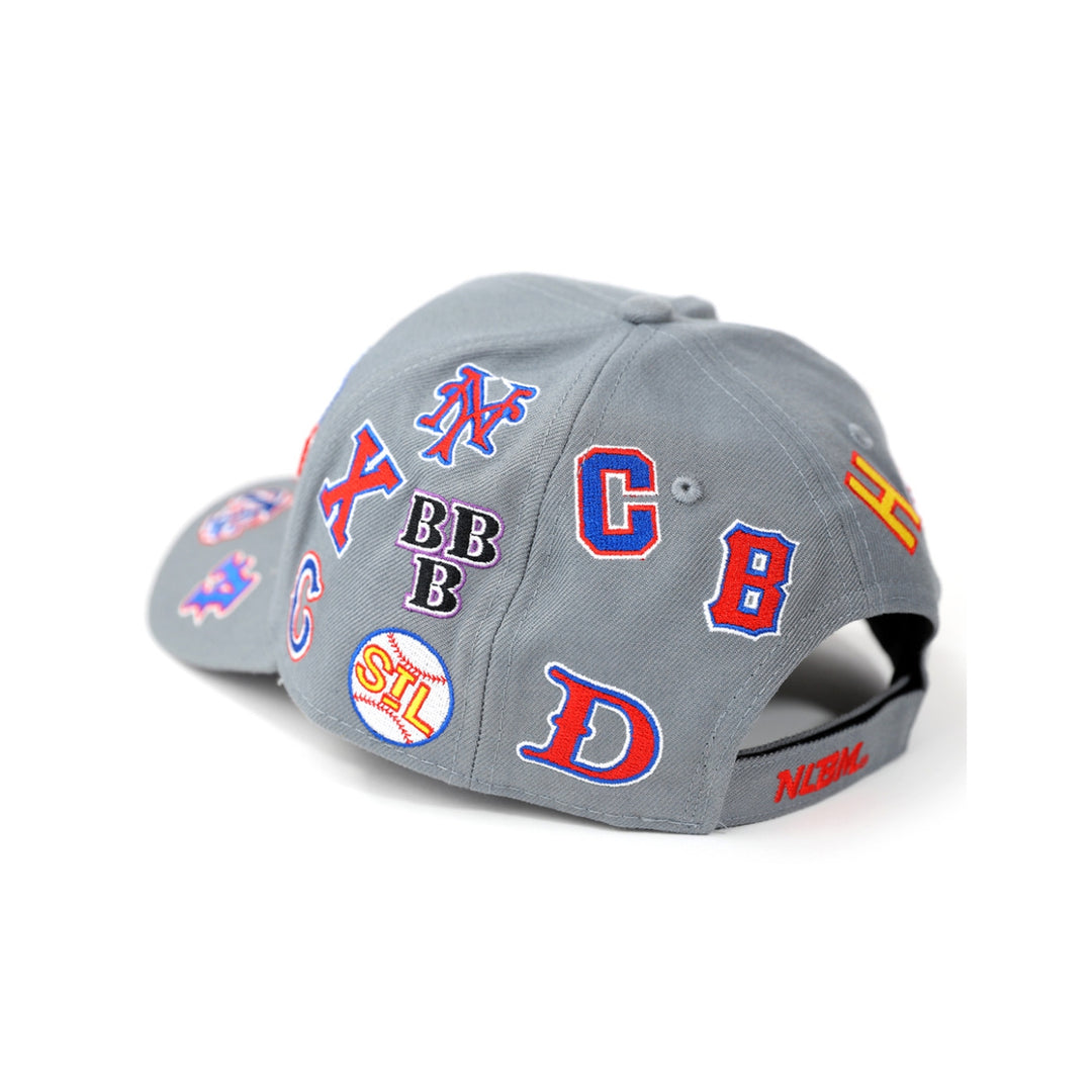 Negro League Commemorative Baseball Cap (Rear, Gray) - Gray cap with various colorful logos on a white background
