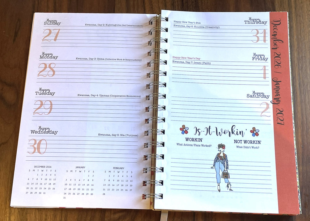Net Worth and Nature Trails 2027 Weekly Inspirational Planner by Kiwi McDowell (Weekly View) - An open spiral-bound planner showing the January 2021 weekly and monthly layouts on warm off-white paper with peach and gray text, photographed on a wooden surface.