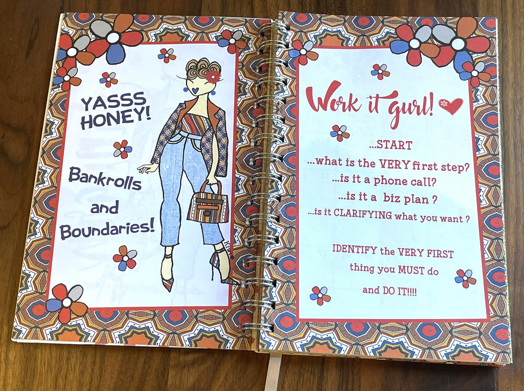 Net Worth and Nature Trails 2027 Weekly Inspirational Planner by Kiwi McDowell (Affirmation II) - An open spiral-bound notebook or journal laid flat on a wooden surface, showing two illustrated pages with retro floral borders. The left page reads 'YASS HONEY! Bankrolls and Boundaries!' with a cartoon woman holding a purse.